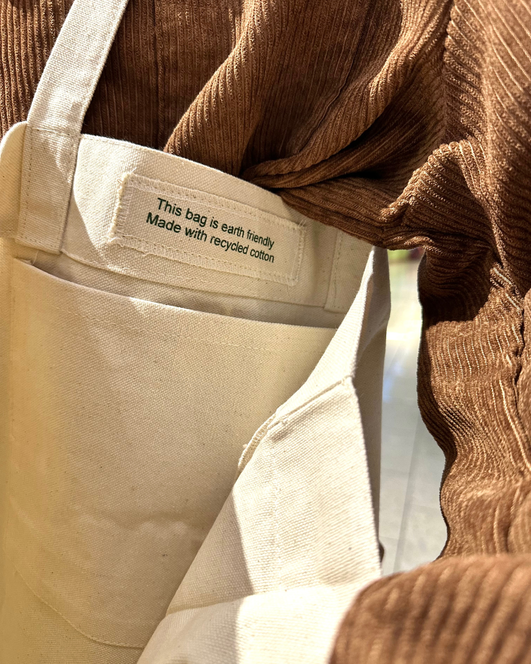 hand-made eco-friendly sustainable tote bag with pocket made from recycled cotton